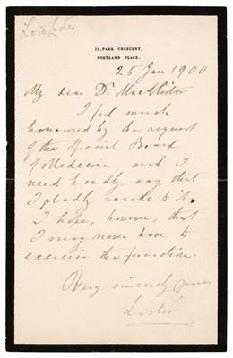 Lot 154 - Lister (Joseph, 1827-1912). Autograph Letter Signed, 25 January 1900