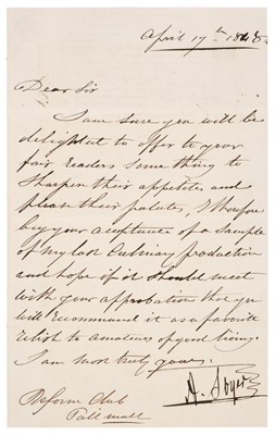 Lot 166 - Soyer (Alexis Benoît). Letter Signed, Reform Club, 17 April 1848