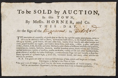 Lot 139 - Auction flyer. To be Sold at Auction in this Town, by Messrs. Horner, and Co., c. 1800