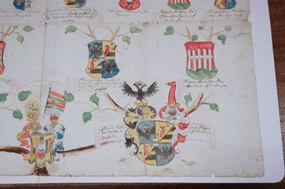 Lot 270 - German [Bavarian] Pedigree Wappenrolle. Finely hand-painted single sheet armorial pedigree, c. 1685