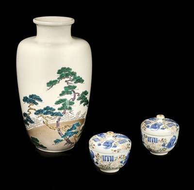 Lot 157 - Japanese Ceramics. Pair of pots and a vase