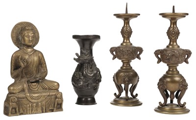 Lot 163 - Oriental. Chinese bronze candle stands and other items