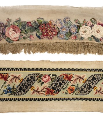 Lot 245 - Embroideries. An embroidered appliquéd valance, late 19th/early 20th century, and others