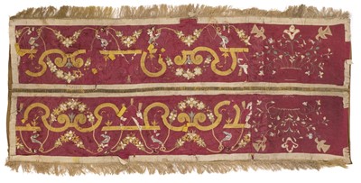 Lot 243 - Embroidered panel. An embroidered and appliqued panel, late 17th century