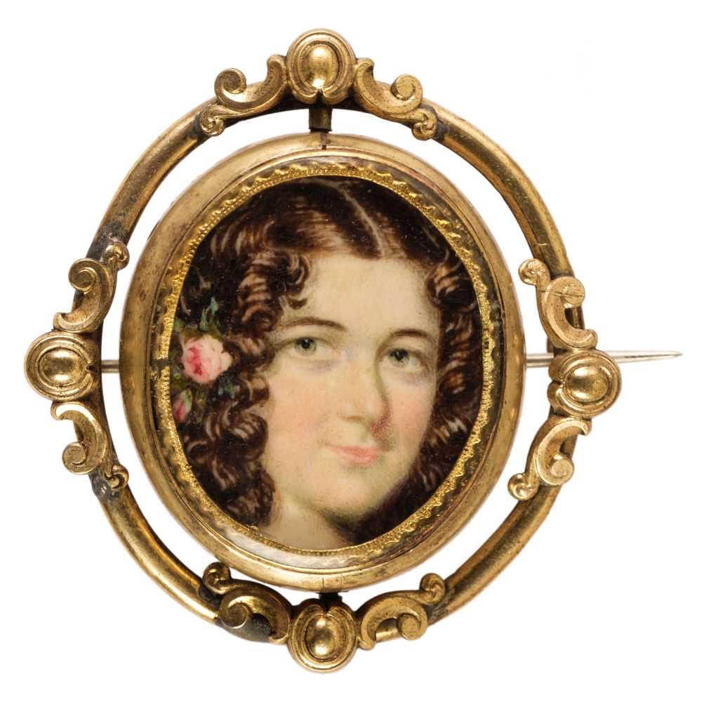 Lot 326 - English School. Portrait miniature of a young lady, with lock of hair, circa 1830