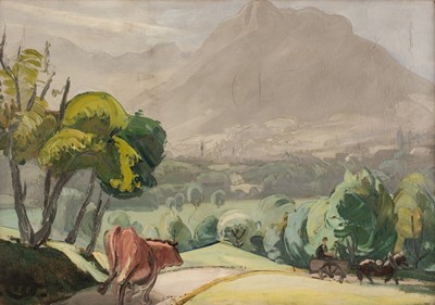 Lot 609 - Austrian School. Tyrolean landscape with cow following horse & cart down a country lane