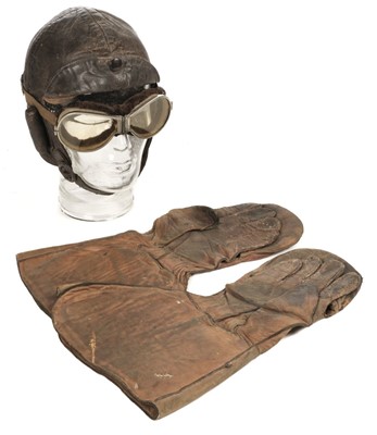 Lot 67 - Flying Helmet. WWI leather flying helmet, goggles and gauntlets