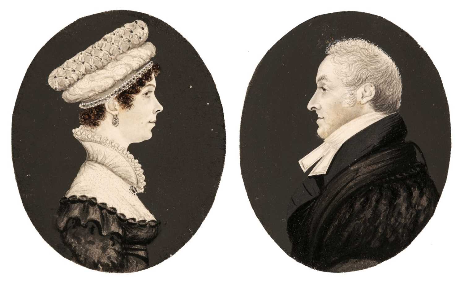 Lot 62 - English School. A pair of oval portrait miniatures of a lady and gentleman, circa 1820