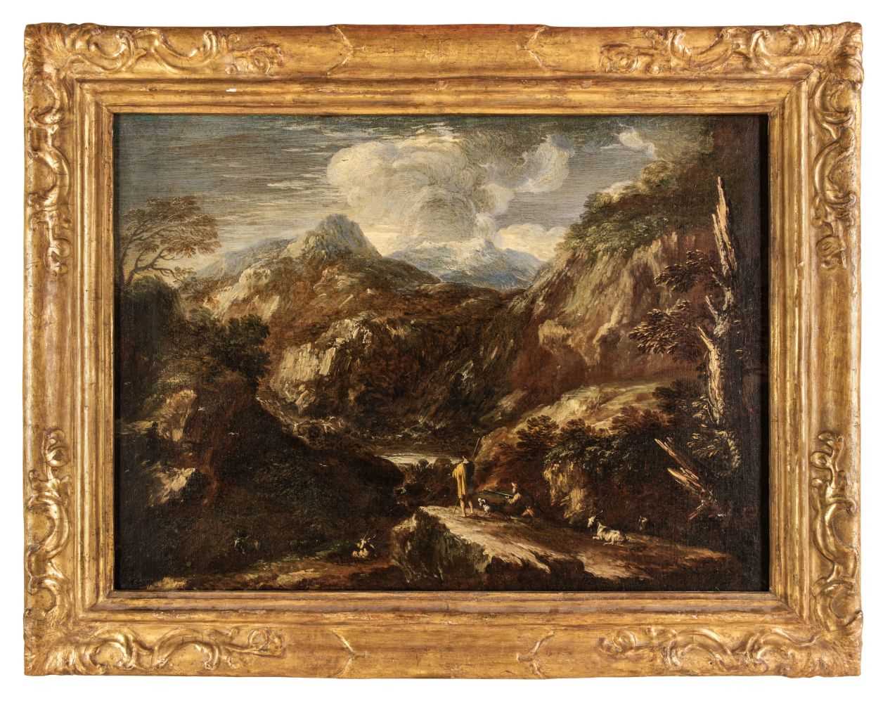 Lot 5 - Rosa (Salvator, 1615-1673), Circle of, An extensive mountainous landscape with hunters