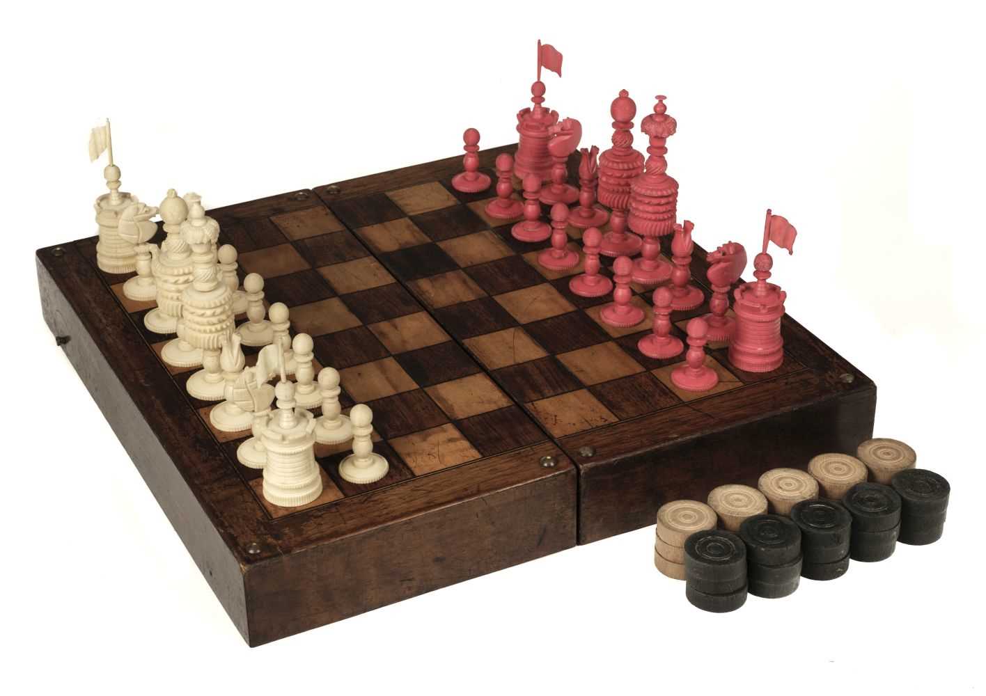Lot 247 - Chess. A 19th-century English bone chess set carved in the "Barleycorn" pattern