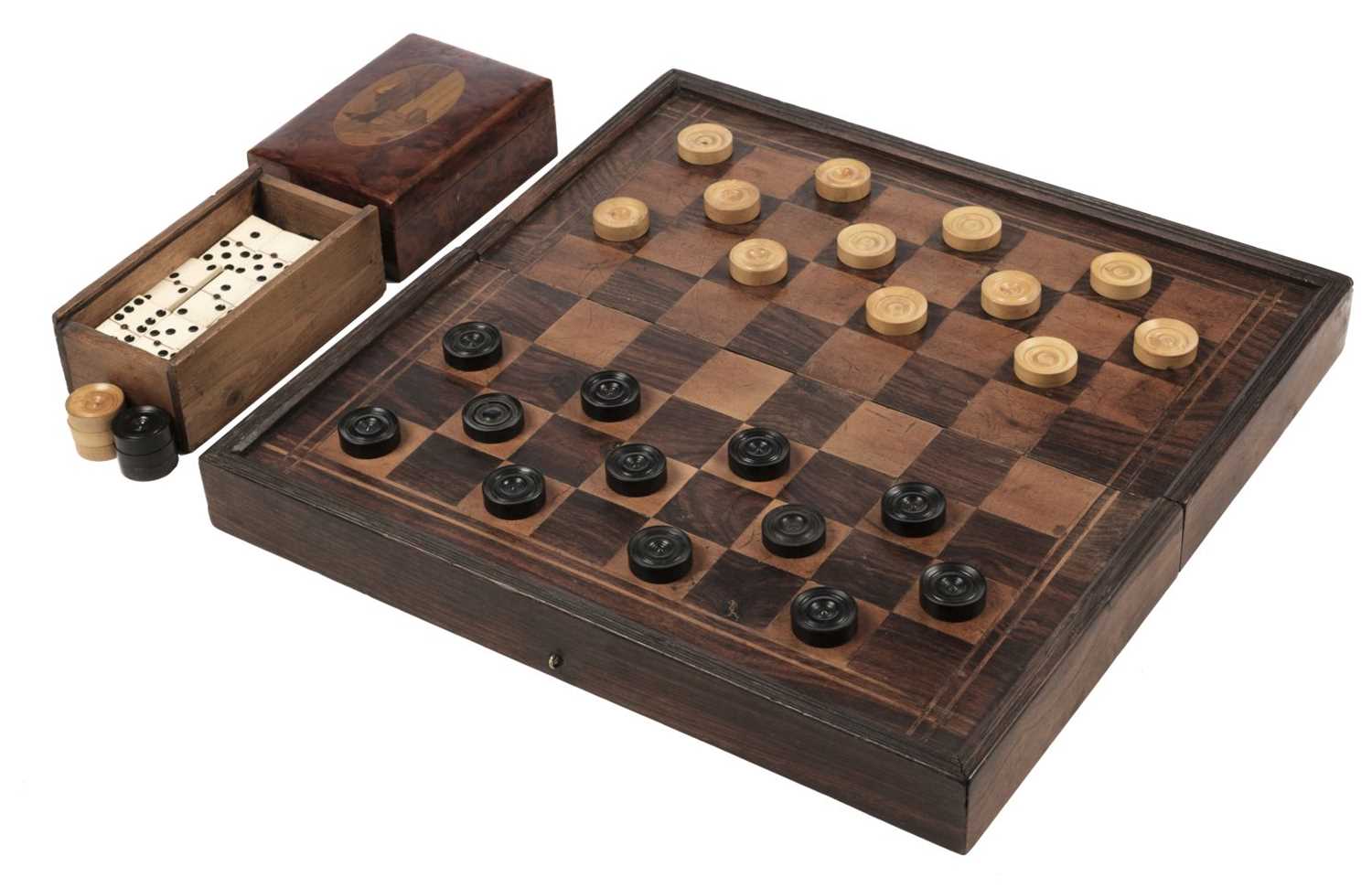 Lot 255 - Draughts. Victorian boxwood draughts and dominoes