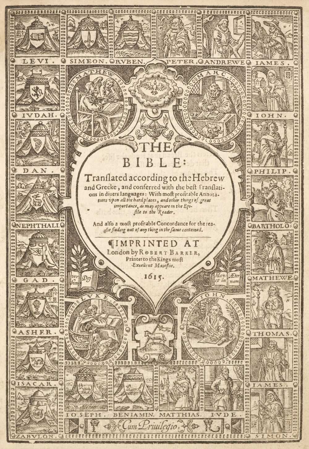 Lot 111 - Bible [English]. The Bible..., London: Robert Barker, 1615