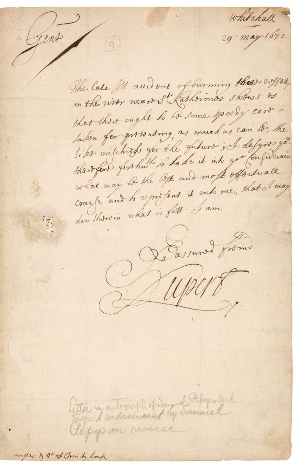 Lot 208 - Prince Rupert of the Rhine. Letter signed, 1672