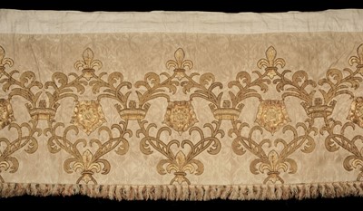 Lot 385 - Embroidered panel. A metalwork hanging, late 19th/early 20th century