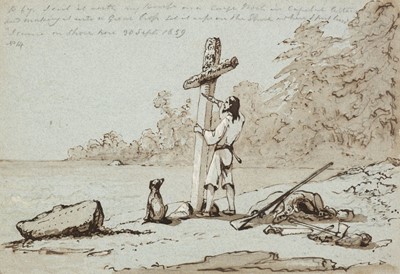 Lot 141 - English School. Illustrations to Robinson Crusoe, circa 1850's-60's, pen, ink and brown wash