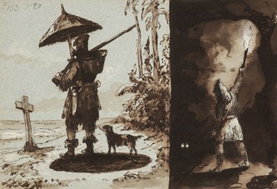 Lot 141 - English School. Illustrations to Robinson Crusoe, circa 1850's-60's, pen, ink and brown wash