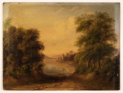 Lot 95 - English 19th Century School, A Wooded Landscape with a castle and a lake beyond