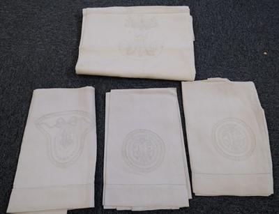 Lot 398 - Linen. A collection of monogrammed table and bed linen, 19th/early 20th century