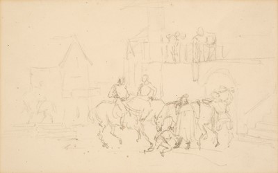 Lot 150 - Sir John Everett Millais, Cavalier in the Courtyard of an Inn, pencil on paper
