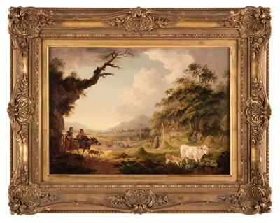 Lot 7 - Ibbetson (Julius Caesar) Figures and donkey in extensive landscape,  oil on panel