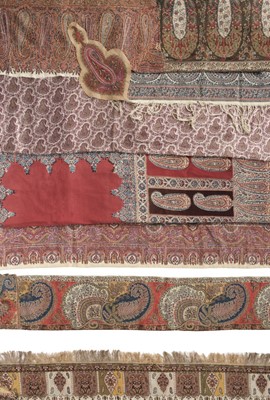 Lot 411 - Shawls. A large Paisley shawl, circa 1860s, and 2 others, plus large quantity of borders &c.
