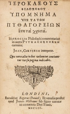 Lot 210 - Hierocles. Commentari in Aurea Pythagoreorum Carmina, 1st edition, Roger Daniel, 1654