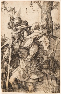 Lot 11 - German School. Saint Christopher carrying the Infant Christ, 16th century