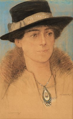 Lot 162 - Hartrick Archibald Standish, (1864 - 1950). Portrait of a young woman in brimmed hat and fur stole