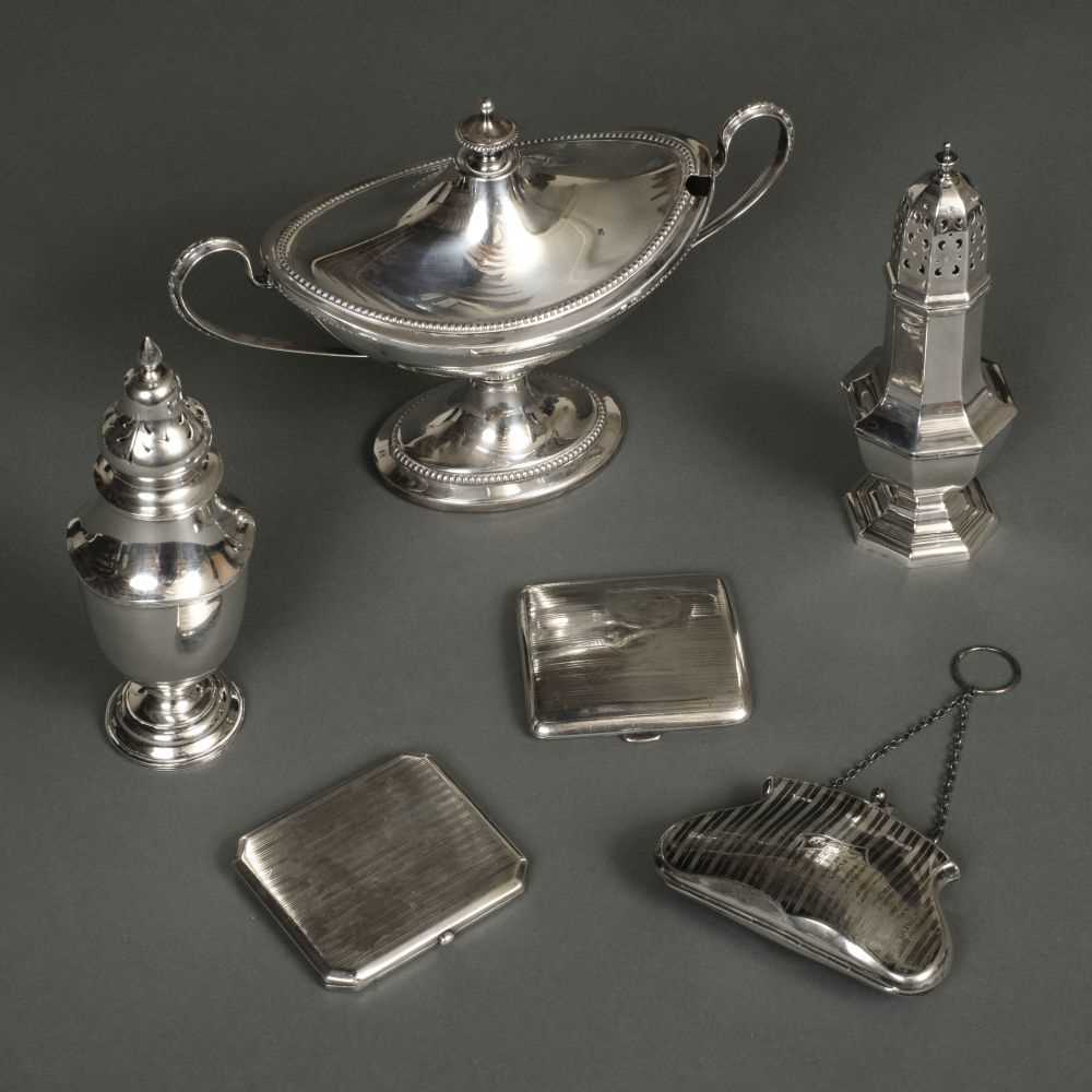 Lot 210 - Mixed Silver. A George V silver sugar caster, cigarette cases and other items