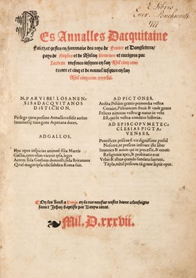 Lot 261 - Bouchet (Jean). Les annalles Dacquitaine faictz et gestes en sommaire des roys de France..., 1537