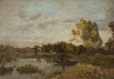 Lot 104 - Barbizon School. A river landscape with boaters, 19th century, oil on panel