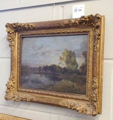 Lot 104 - Barbizon School. A river landscape with boaters, 19th century, oil on panel