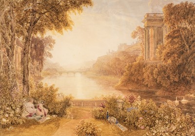 Lot 113 - Barret (George, circa 1767-1842). Classical landscape with peacock by a river, watercolour