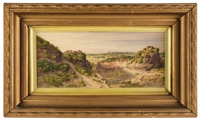 Lot 120 - English School. Craggy landscape with distant windmill, tower, church, and glimpse of the sea, 1875