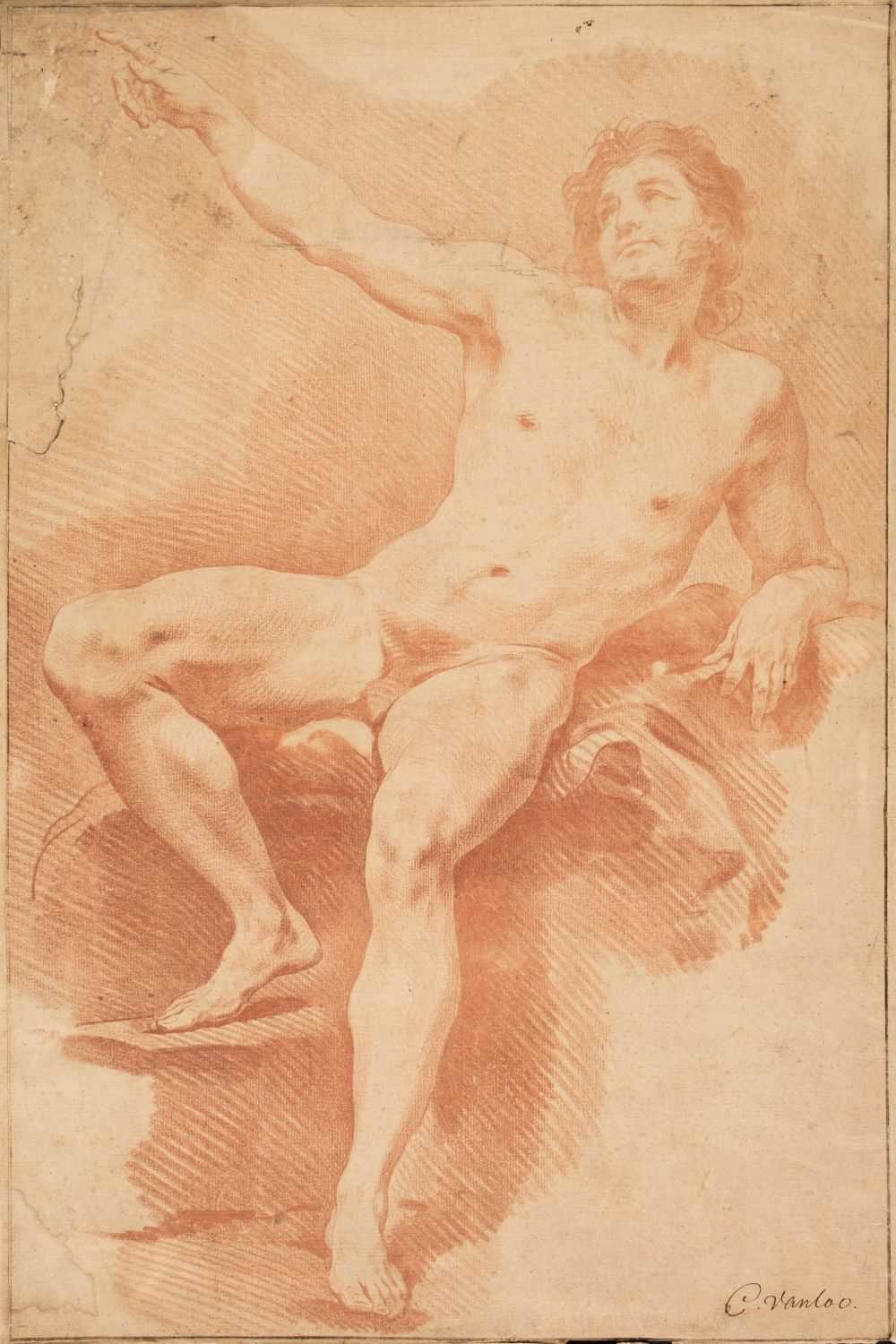 Lot 31 - Van Loo (Carle, 1705-1765). Academy study: Reclining male nude with raised arm