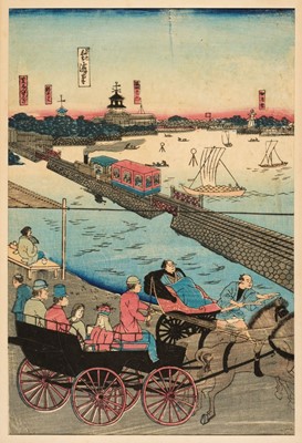 Lot 160 - Japanese School. Harbour scene with steam train and figures in a carriage, circa 1870
