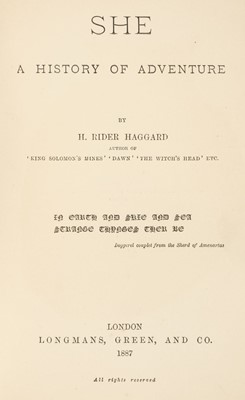 Lot 380 - Haggard (H. Rider). She, 1st edition, 1st issue, London: Longmans, Green & Co, 1887