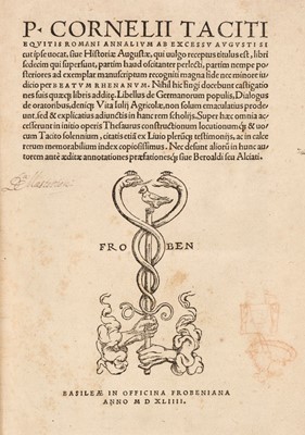 Lot 337 - Tacitus (Cornelius P). Cornelii Taciti equitis Romani Annalium, Basil: Officina Frobeniana, 1544