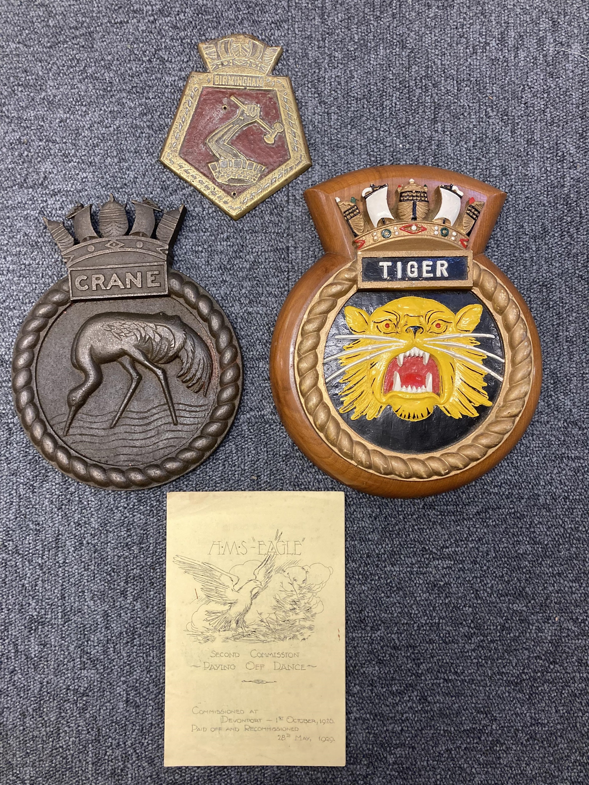 Lot 338 - Ships Crests. HMS Crane, HMS Tiger and HMS