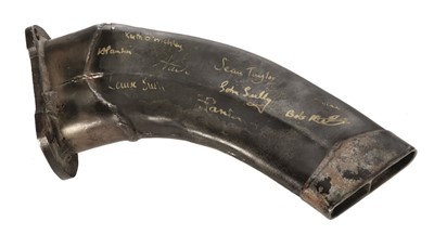 Lot 20 - Avro Lancaster. A Merlin exhaust stub from Just Jane signed by the Panton Brothers