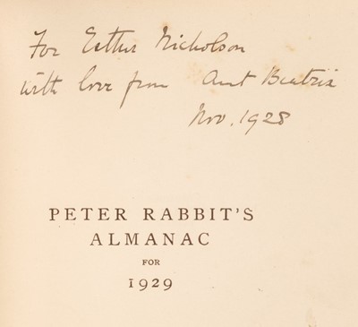 Lot 620 - Potter (Beatrix). Peter Rabbit's Almanac for 1929, [1928], inscribed by the author