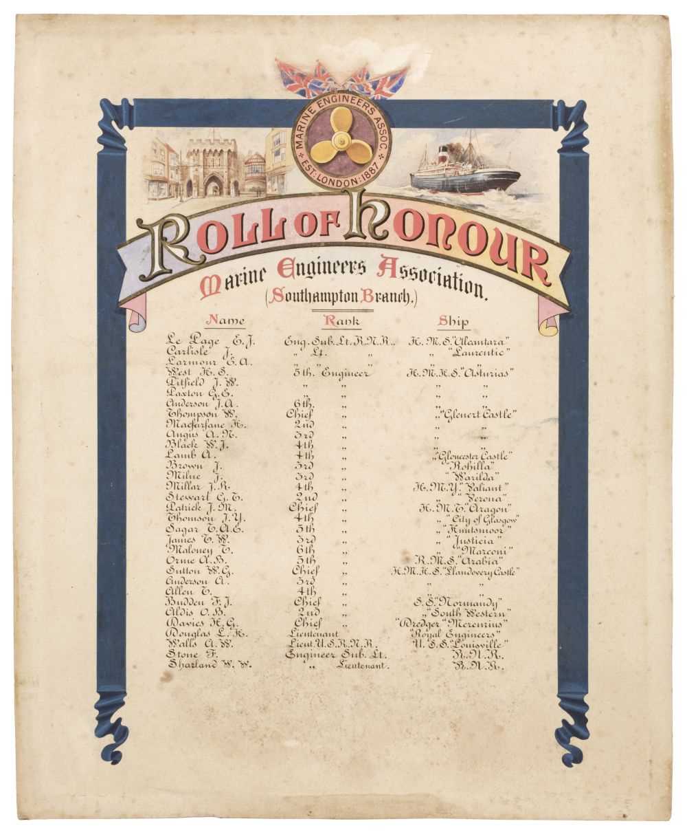 Lot 398 - WWI Roll of Honour. Marine Engineers Association (Southampton Branch)