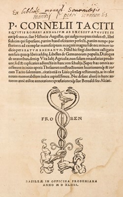Lot 336 - Tacitus (Cornelius P). Cornelii Taciti equitis Romani Annalium, Basil: Officina Frobeniana, 1544