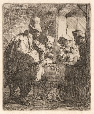 Lot 73 - Rembrandt (1606-1669), The Strolling Musicians, etching, circa 1635