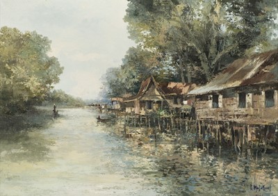 Lot 250 - Malakoul (Poum, 1910-1973). Thai river scene with stilt houses and figures, circa 1970