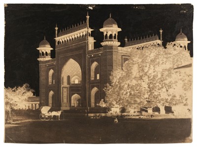 Lot 589 - Waxed Paper Negative. View of the main gateway, Taj Mahal, Agra, with trees & carriages, c. 1860