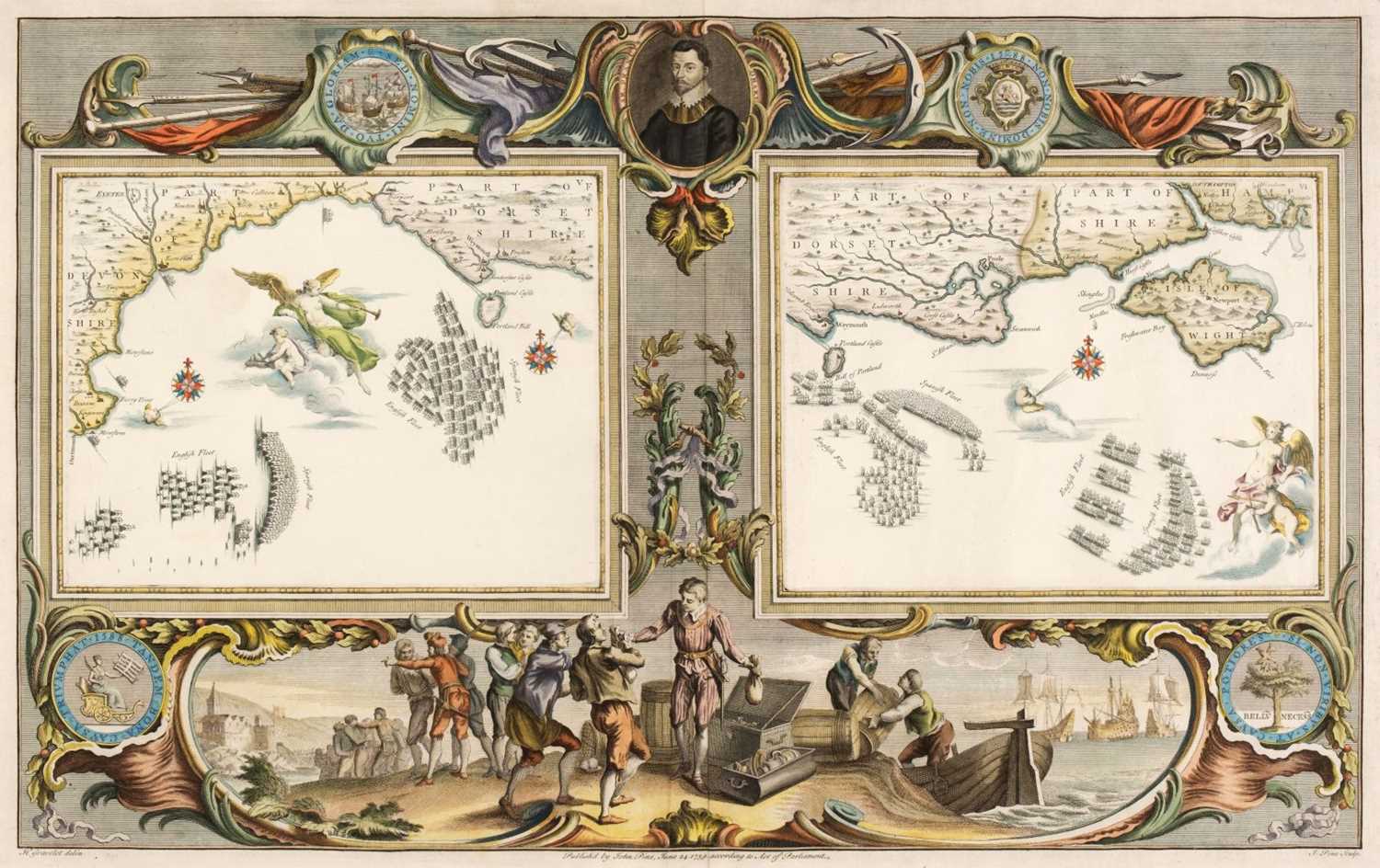 Lot 127 - Pine (John). Three sea charts, and one engraving of the Armada, 1739