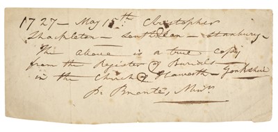 Lot 916 - Brontë (Patrick, 1777-1861). Autograph Document Signed, ‘P. Brontë, Minsr’, circa 1820s