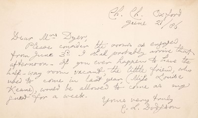 Lot 505 - Dodgson (Charles Lutwidge, 'Lewis Carroll', 1832-1898). Autograph letter signed, 21 June 1886