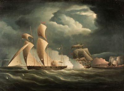 Lot 105 - Buttersworth (James Edward 1817-1894, manner of). Naval Battle by Moonlight, oil